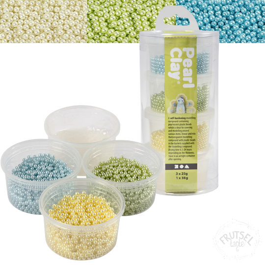 Pearl klei set lichtgeel, lichtgroen, blauw. 3 potjes x 25 gram parels en 38 gram sticky clay