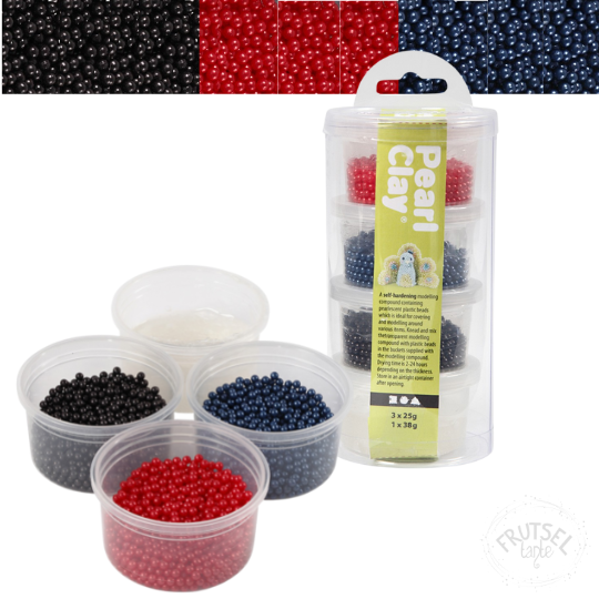 Pearl klei set rood, donkerblauw, zwart. 3 potjes x 25 gram parels en 38 gram sticky clay