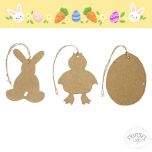 Lentehangers van papier maché in de vorm van een ei, konijn en eend om te versieren.